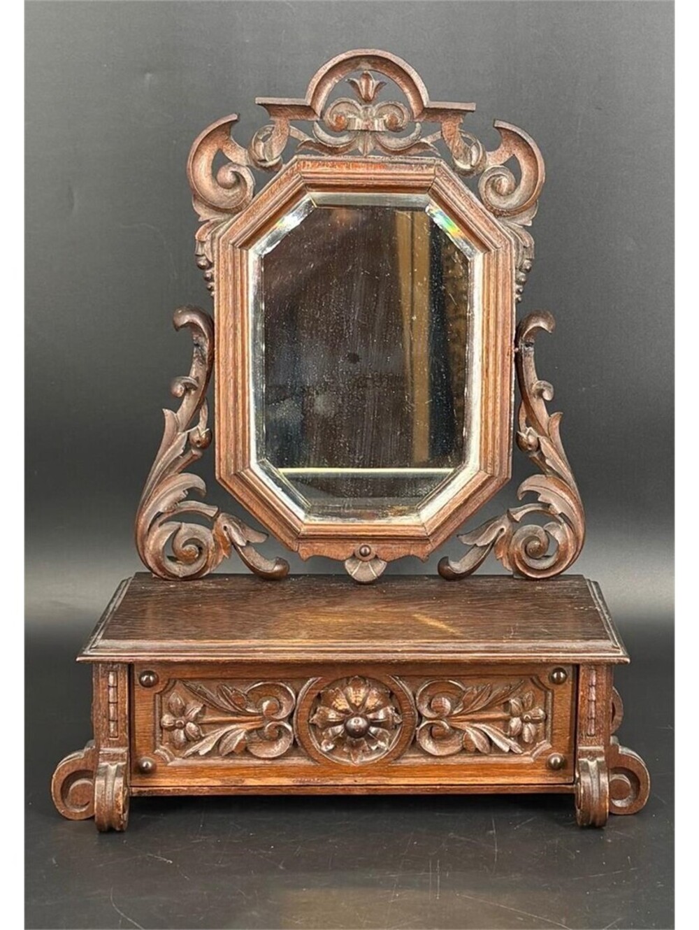 Antique Victorian Wooden Dresser Box with Mirror – Ornate Jewelry Storage